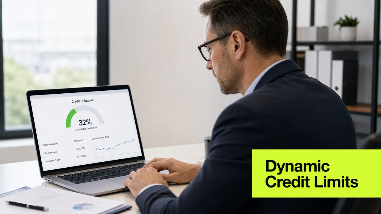 A professional man in a suit working on a laptop displaying credit utilization analytics and charts.