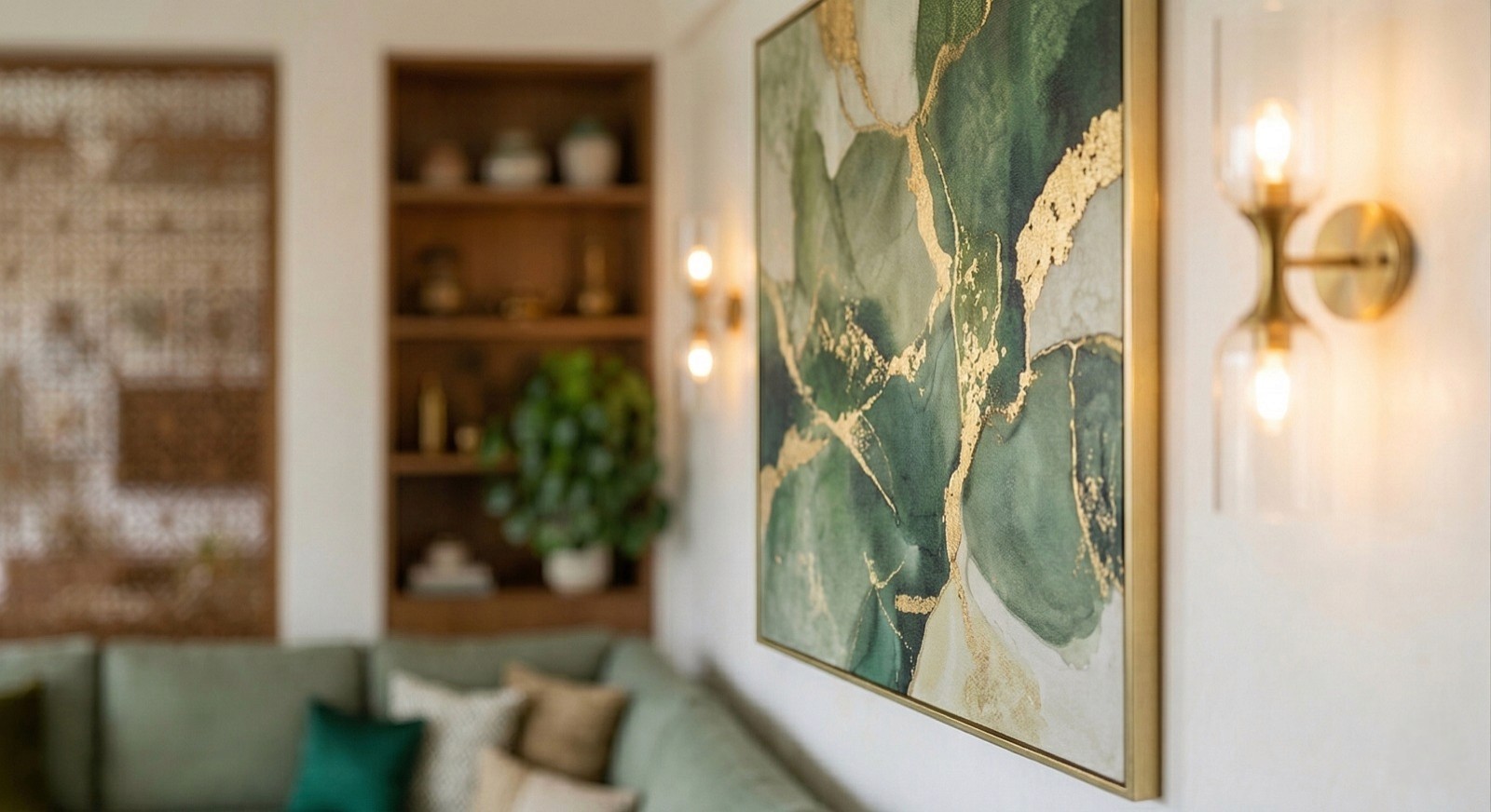 Vintage-modern living room with tufted sofas, false ceiling, and layered warm lighting.