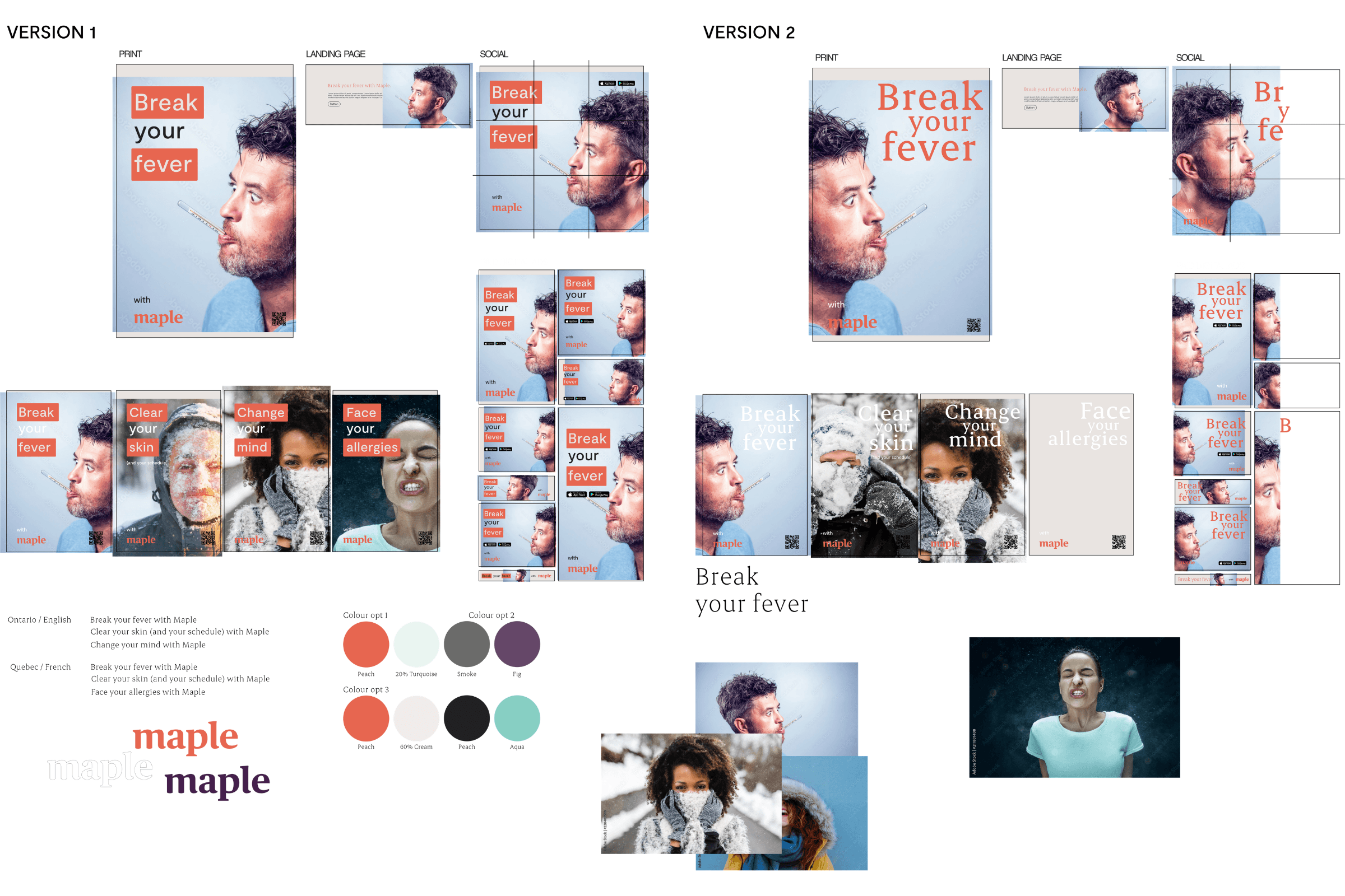 Concept board comparing Version 1 and Version 2 headline treatments for Maple's winter campaign across print, landing page, and social, alongside bilingual tagline copy, colour palette options, and wordmark colour treatments. Version 1 was selected as the final direction.