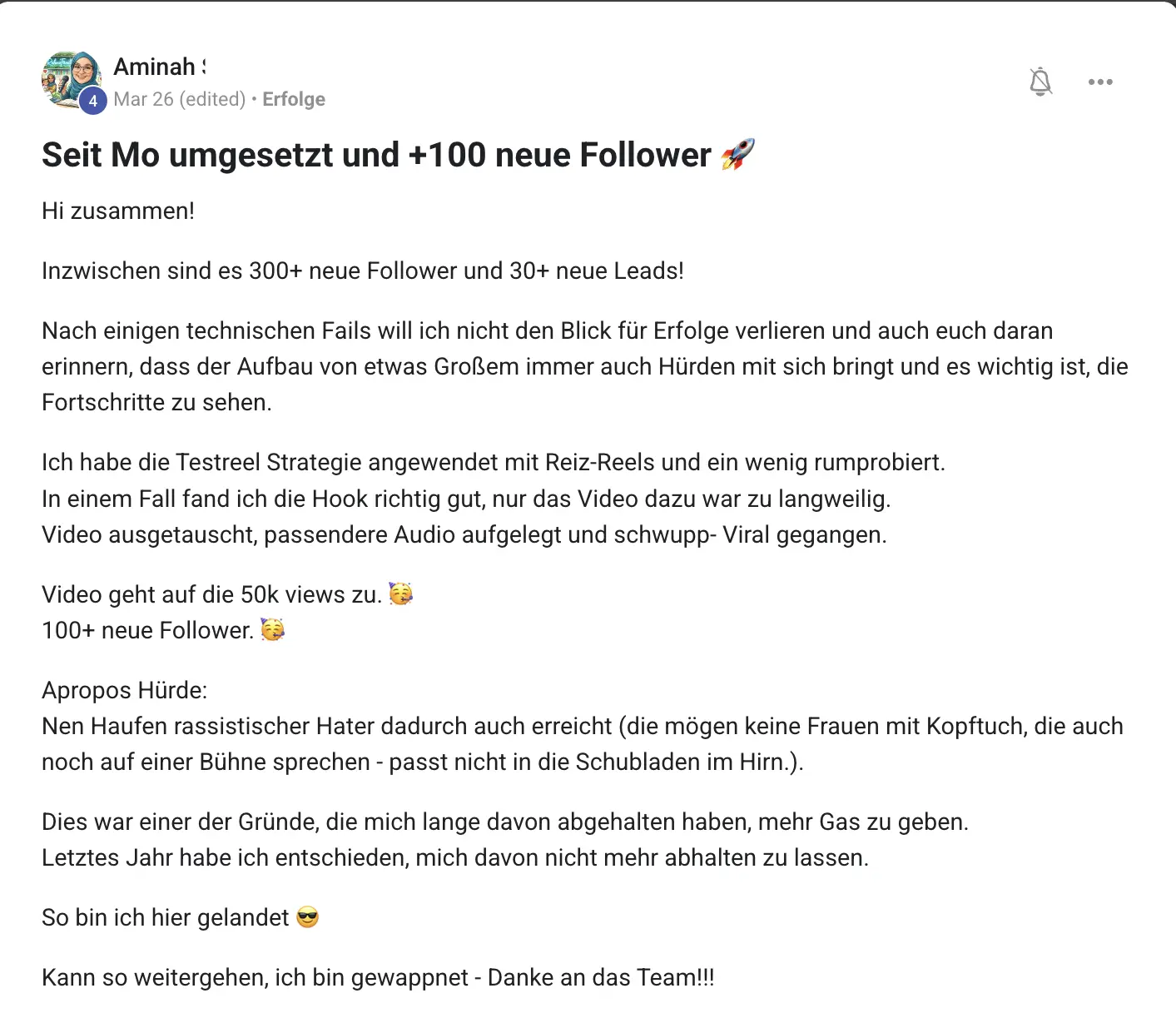 Kundenstimme KI Creator Akademie: Speakerin Aminah gewinnt 300 Follower und 30 neue Leads