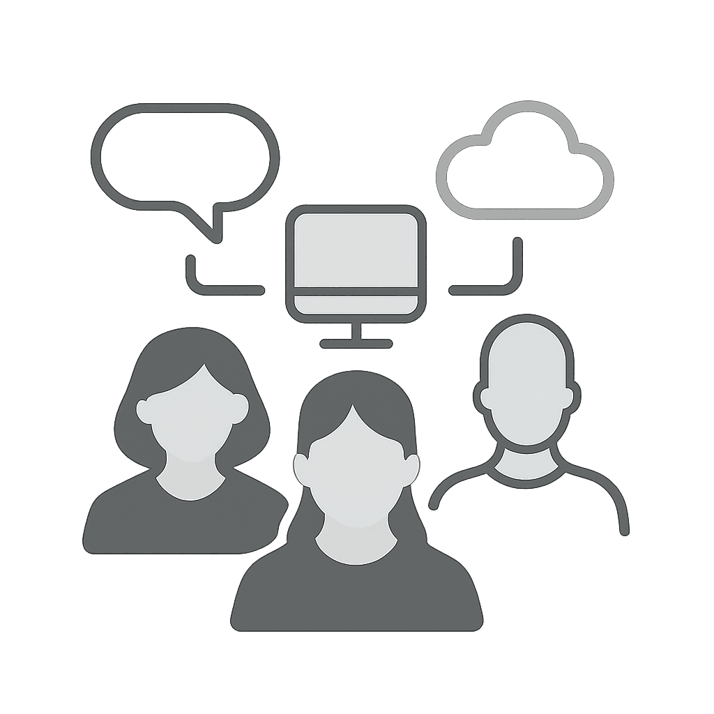 Drei stilisierte Personen mit darüber angeordneten Symbolen für eine Sprechblase, Cloud und Bildschirm. Visualisiert vernetzte Kommunikation und digitale Zusammenarbeit.