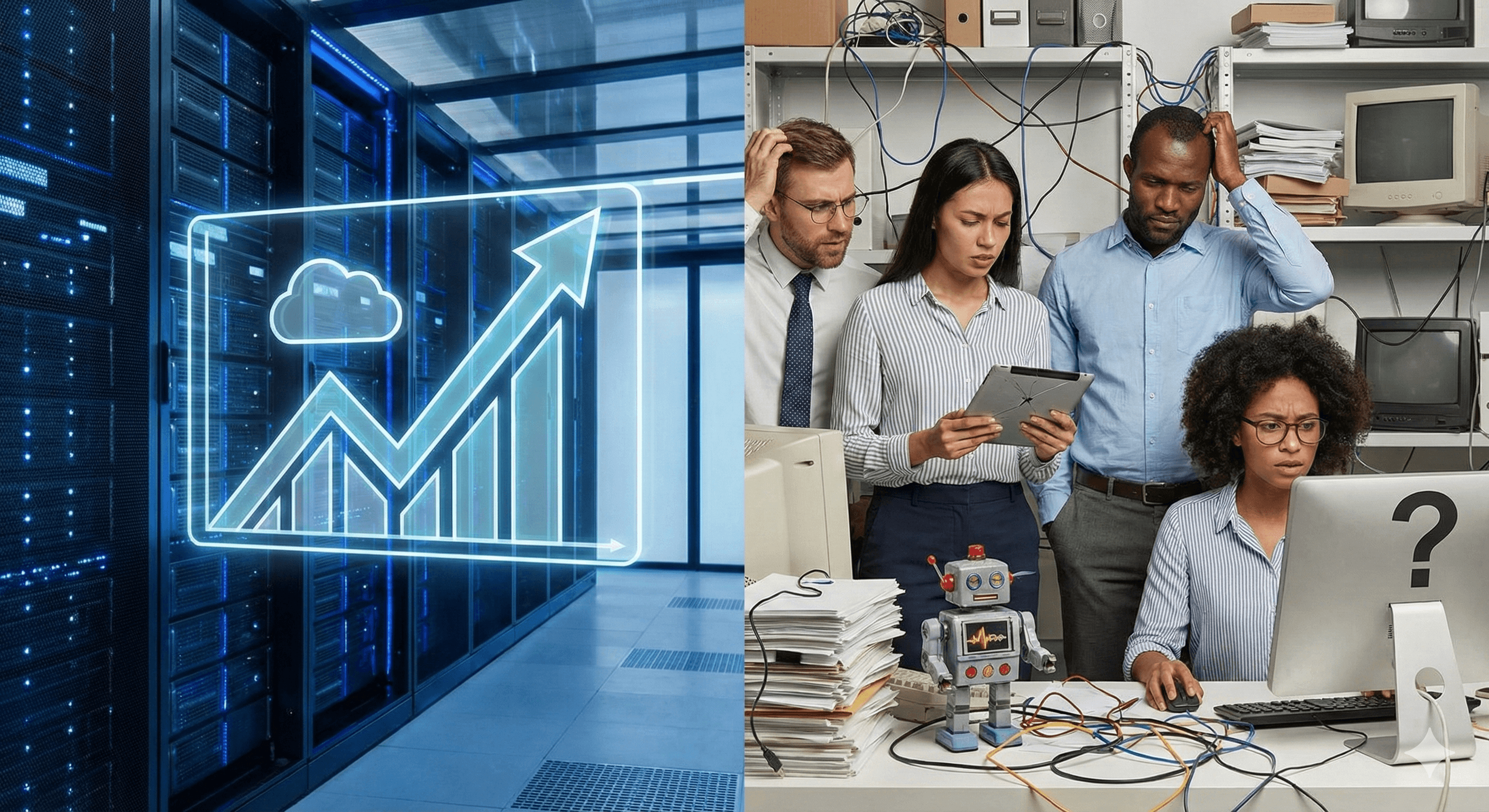 A group of four colleagues in a modern office setting discuss data displayed on a large screen, showing a bar chart comparing Glean Enterprise Search, Preferred 1.9×, and ChatGPT, with two individuals using laptops and one using a tablet for further analysis.