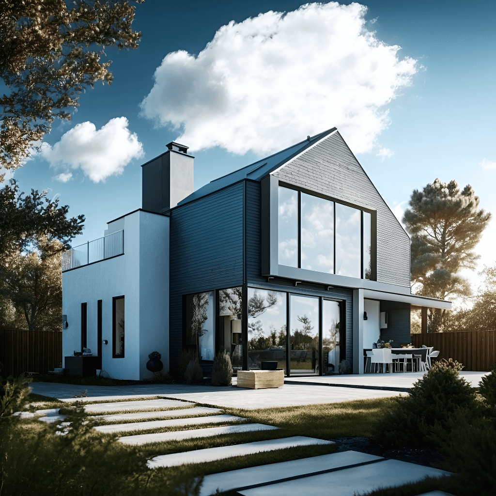 Modern two-story home with blue-gray horizontal siding and white trim, featuring large floor-to-ceiling windows, a pitched gable roof, white chimney, and front patio with outdoor furniture, surrounded by mature trees and a stepping stone pathway across a manicured lawn under a blue sky with white clouds