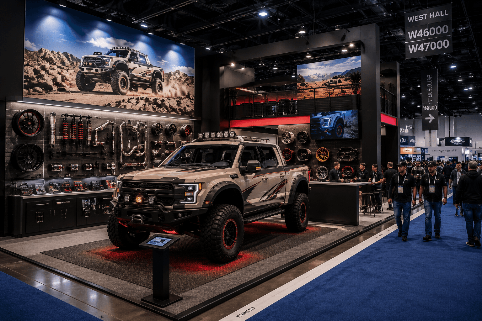 SEMA vehicle display booth layout inside LVCC West Hall with hero vehicle sightlines, automotive parts wall, demo counter, and aisle traffic flow