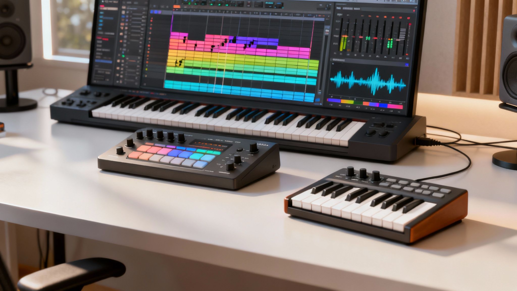 A close-up of a producer's hands on a MIDI keyboard, with a blurred DAW screen in the background showing musical notes.