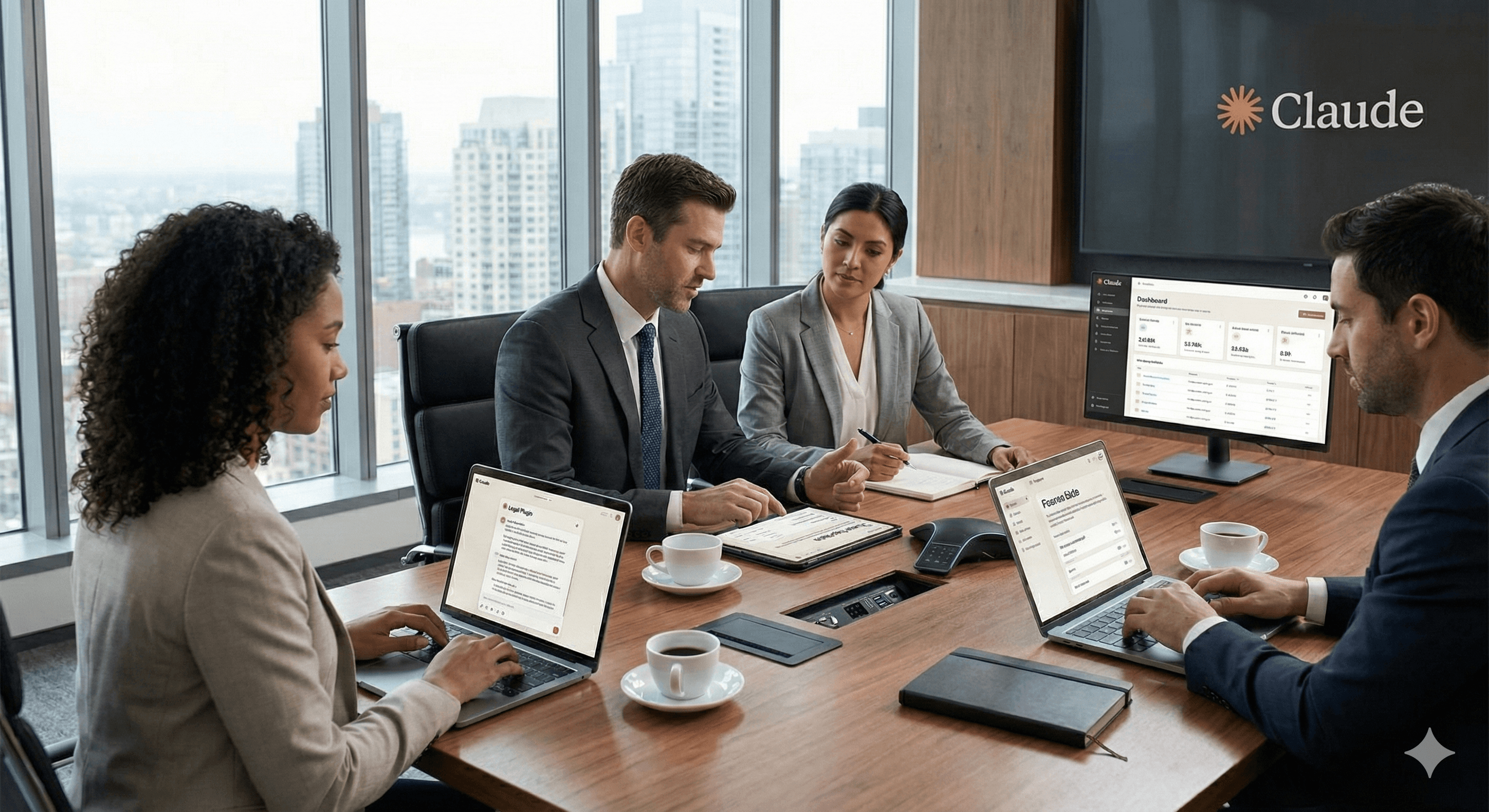 In a modern office overlooking a cityscape, four professionals are engaged in a meeting discussing "Claude Cowork plugins for enterprise," with laptops and documents open on the table, emphasizing the value, risks, and rollout strategies.