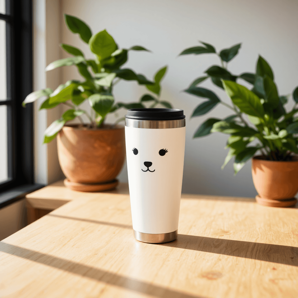 product photography of a travel mug with a cute animal design, used for beverages