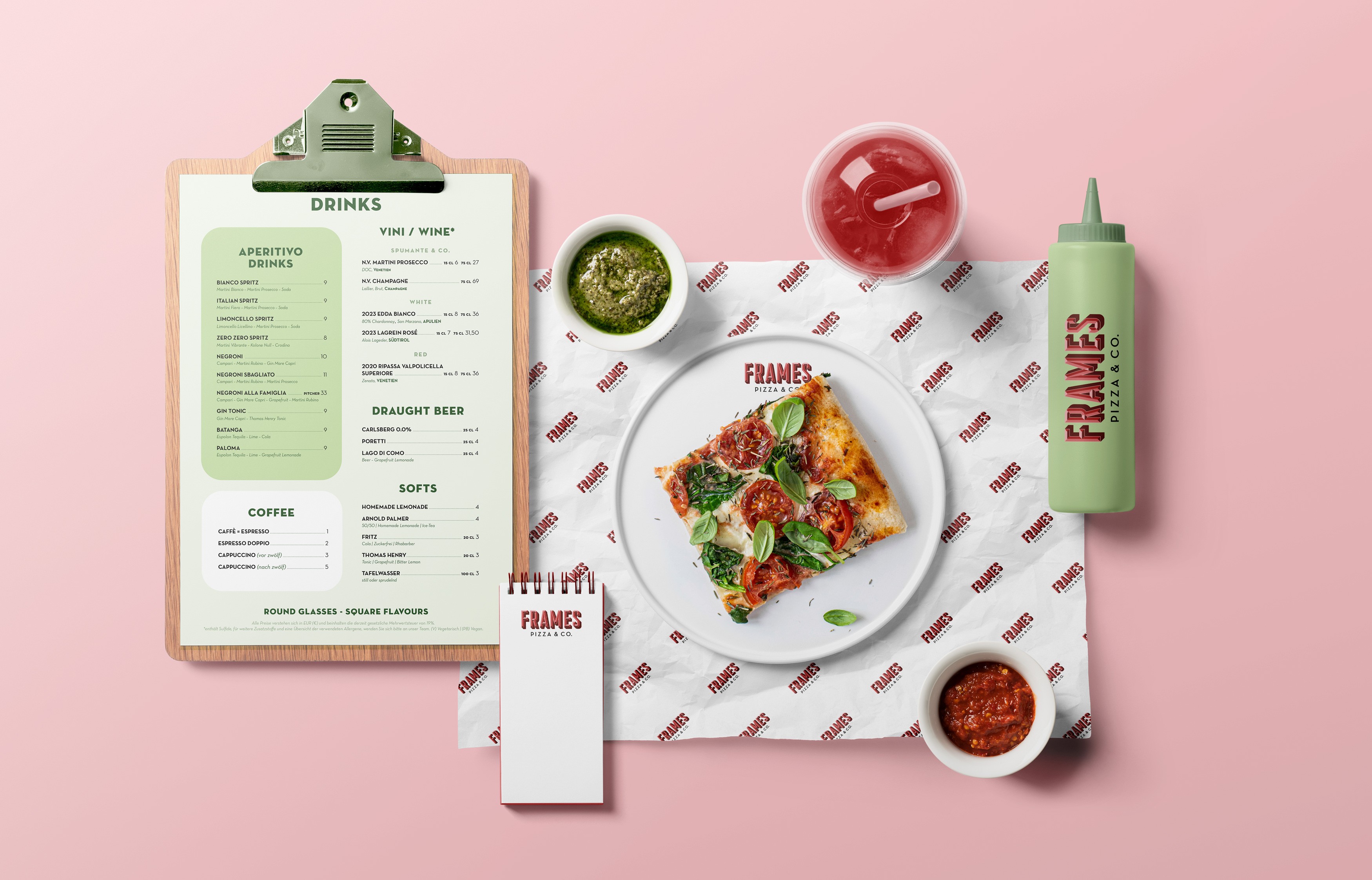 Anwendungen des Corporate Designs von Frames Pizza Slices – Printmaterialien und Branding-Elemente im einheitlichen Stil