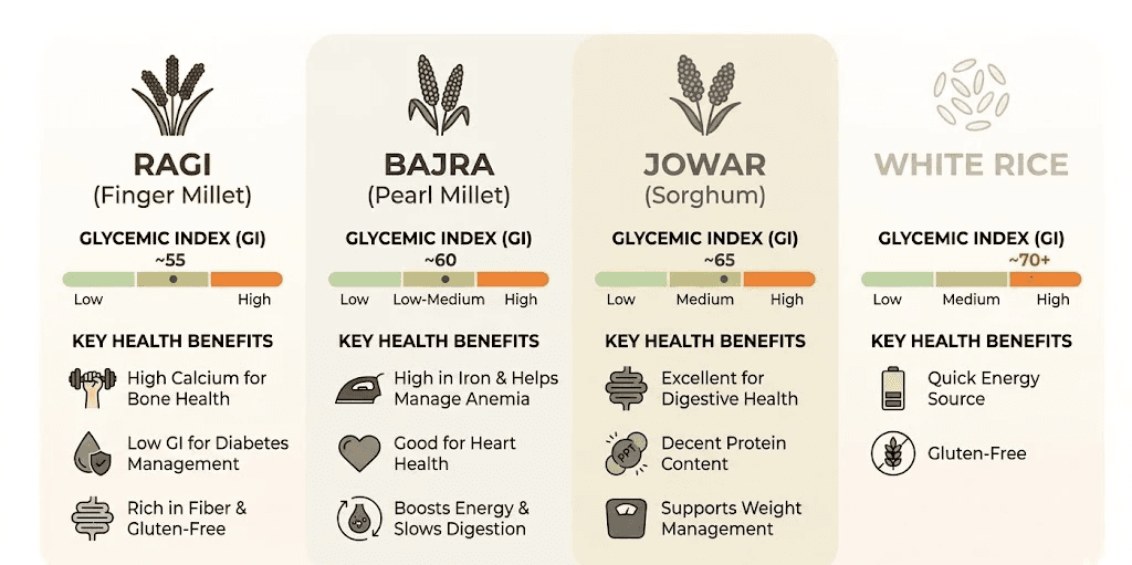 A side-by-side infographic comparing four Indian grains: Ragi, Bajra, Jowar, and White Rice. It uses a clean, modern design with an earthy color palette and icons to show glycemic index (GI) levels and key health benefits for each, such as bone health for ragi and heart health for bajra.