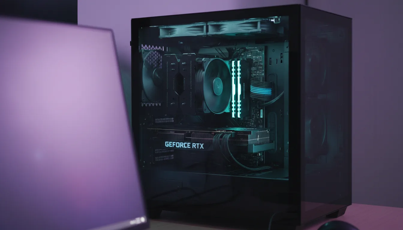 DSLR photograph of a high-performance custom-built PC tower, angled view looking through the tempered glass side panel at the internal components. The interior is filled with a GeForce RTX graphics card, a large dual-fan air CPU cooler, and RAM sticks. The scene has cinematic contrast lighting, with vibrant teal and blue RGB light illuminating the hardware, and a soft purple ambient glow reflecting off the case from an out-of-focus monitor in the foreground. Shallow depth of field with the PC components in sharp focus, showcasing matte black metal textures and slight reflections on the glass.