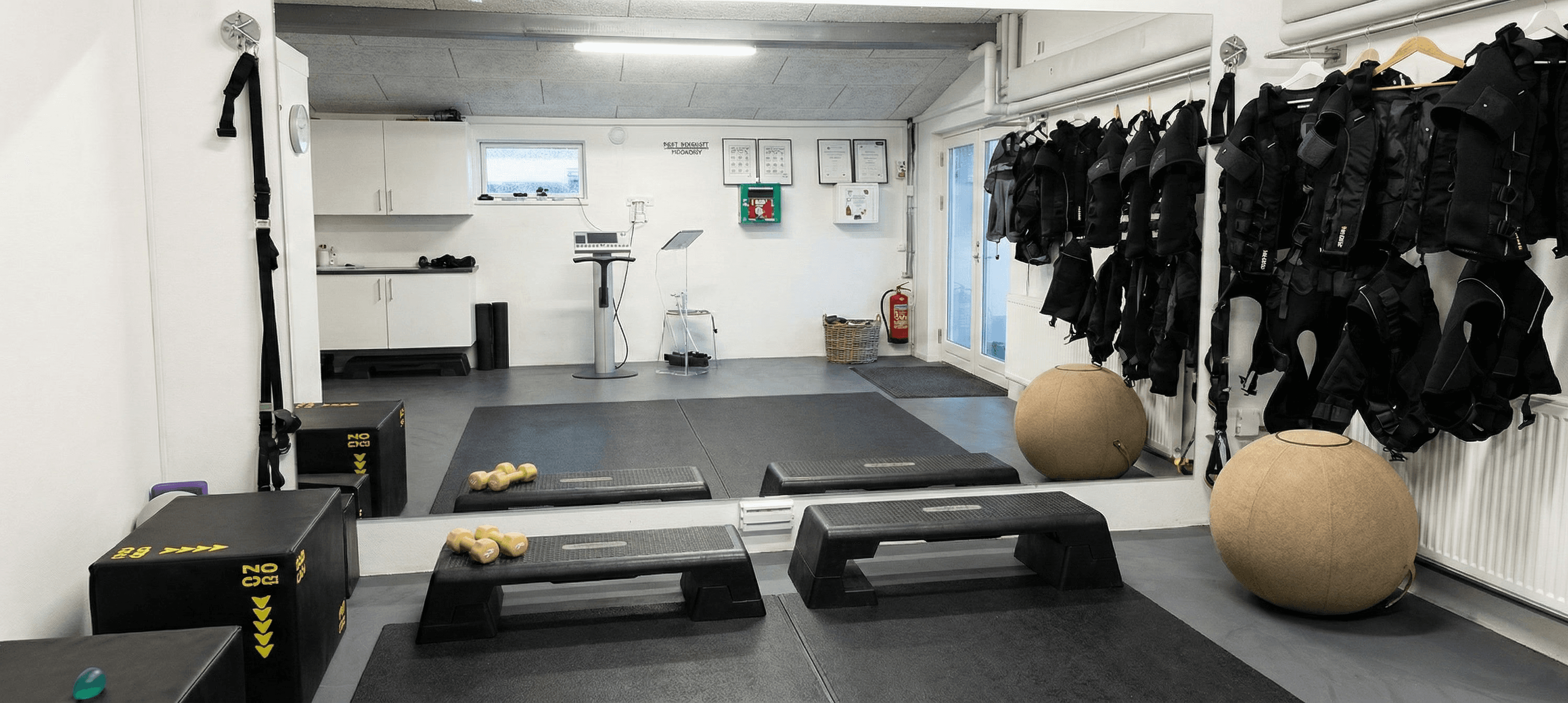 Two individuals are working out in a gym, focusing on dumbbells and strength training equipment.