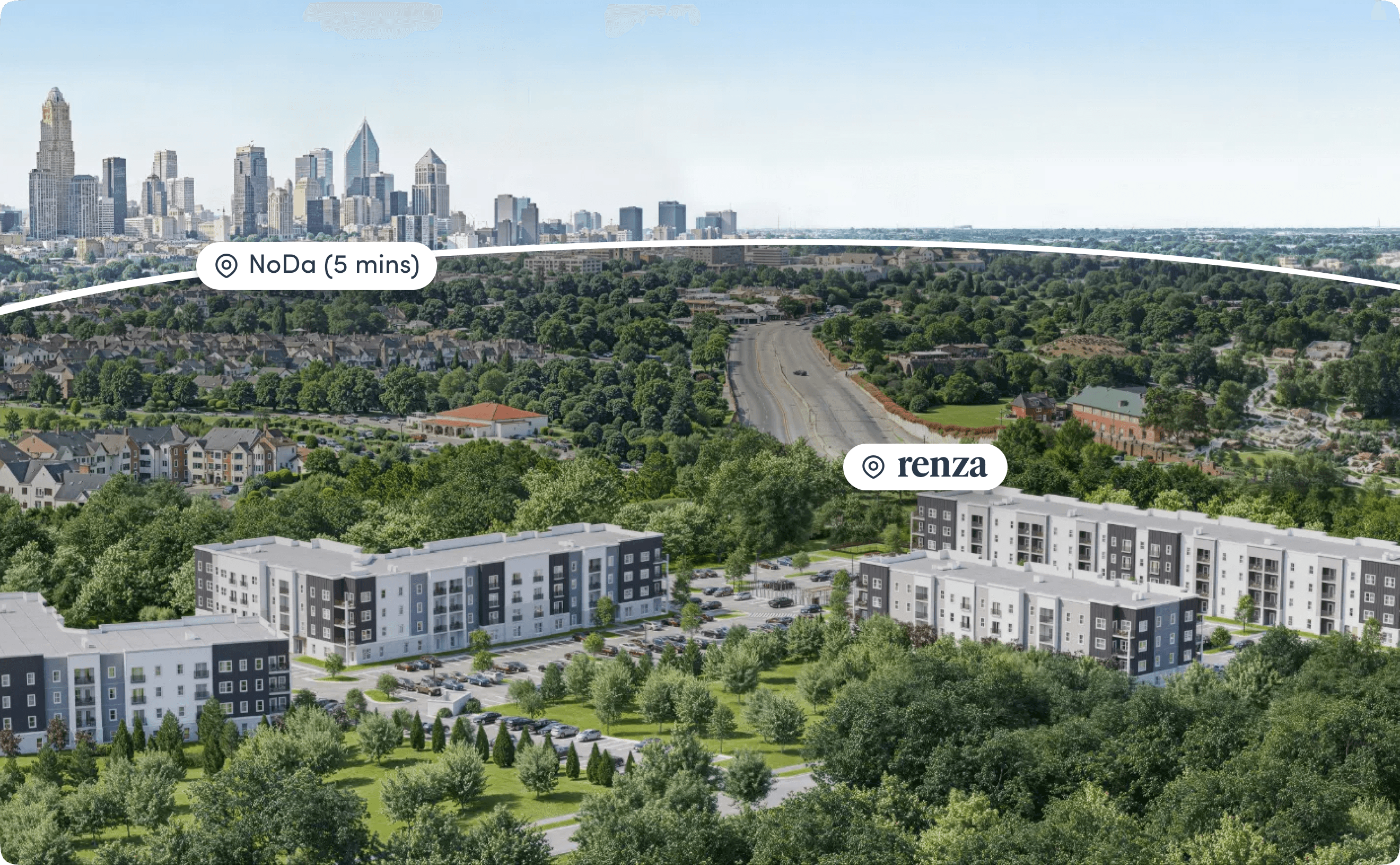 Aerial view of Renza apartments proximity to Charlotte city skyline