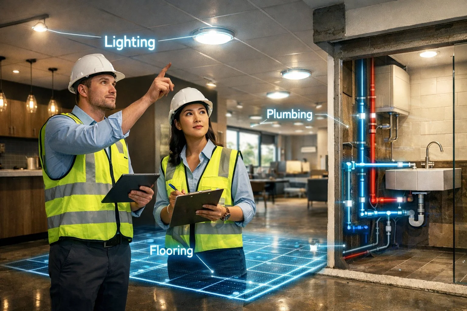 Engineers inspecting a commercial property with digital overlays highlighting lighting, flooring, and plumbing systems.