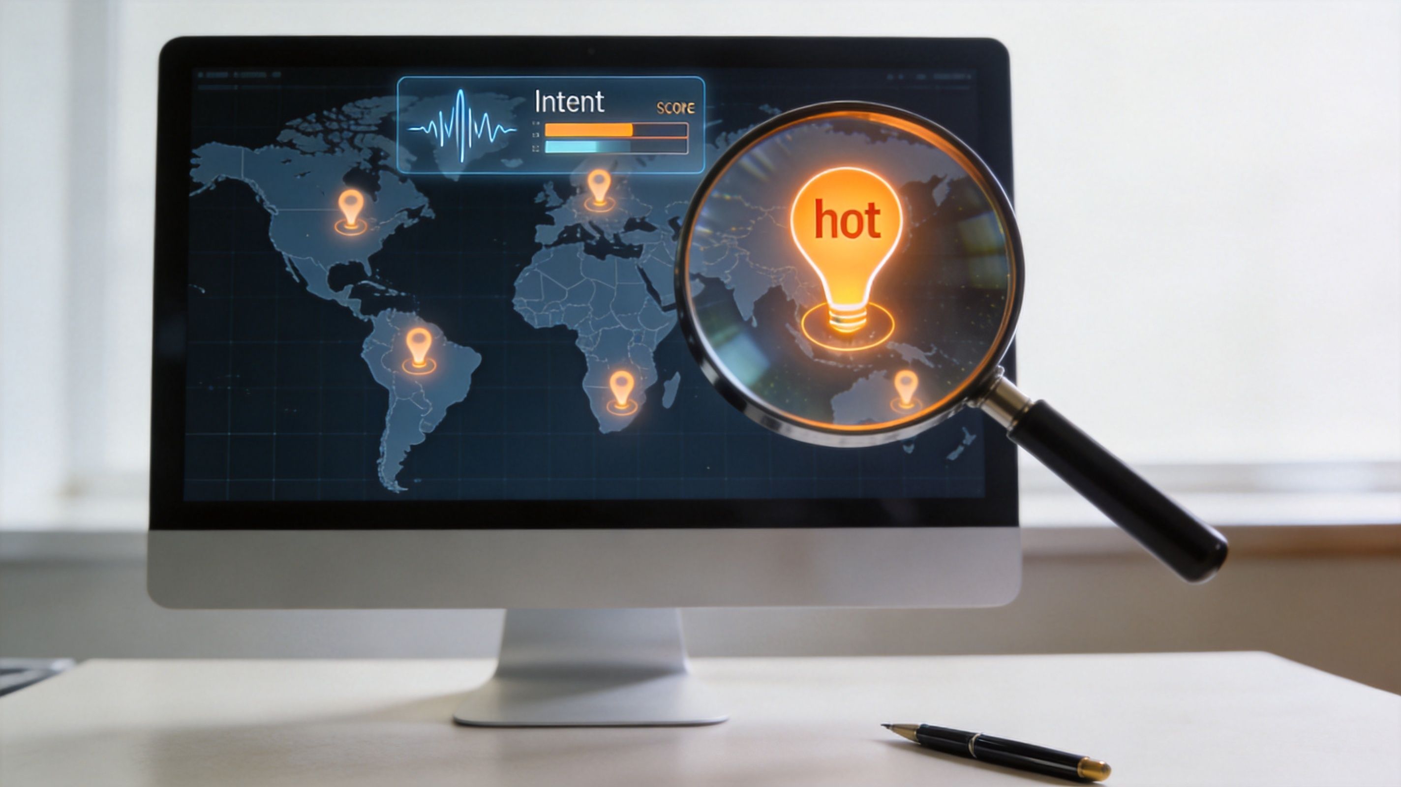 A computer monitor displaying a global map with location pins and a hot intent score marker.