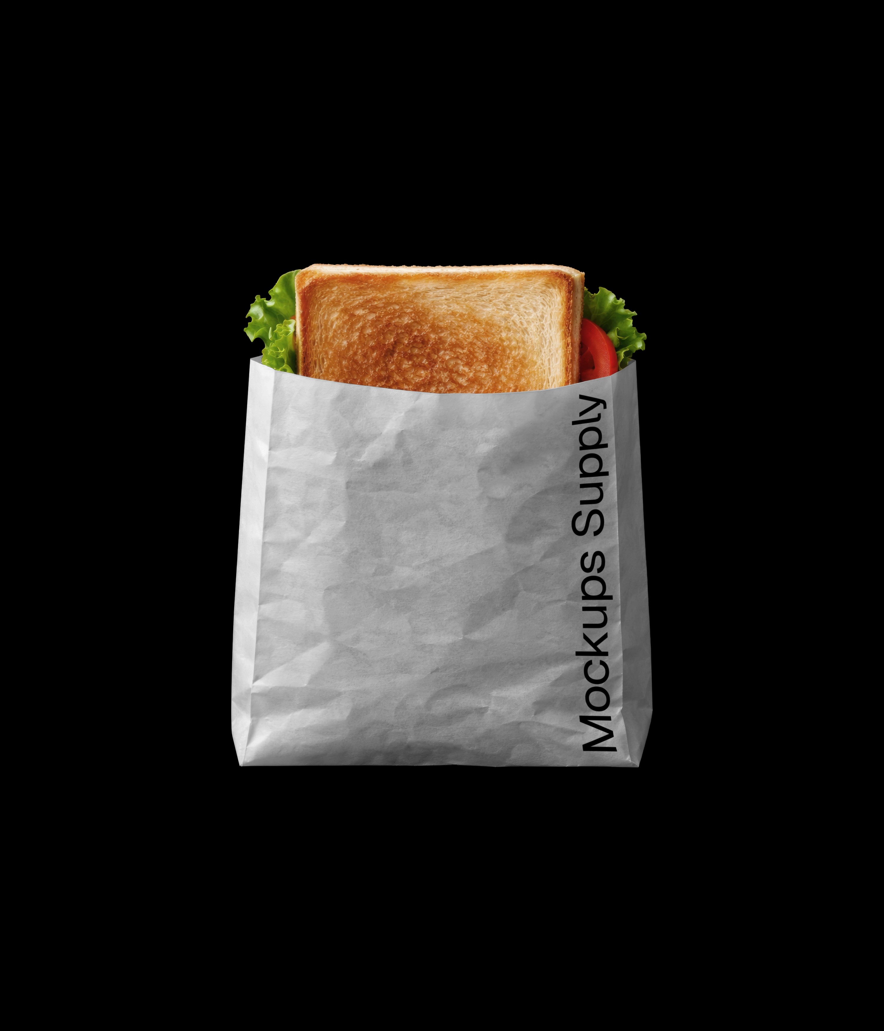 Sandwich in white paper bag mockup on black background for Photoshop download psd