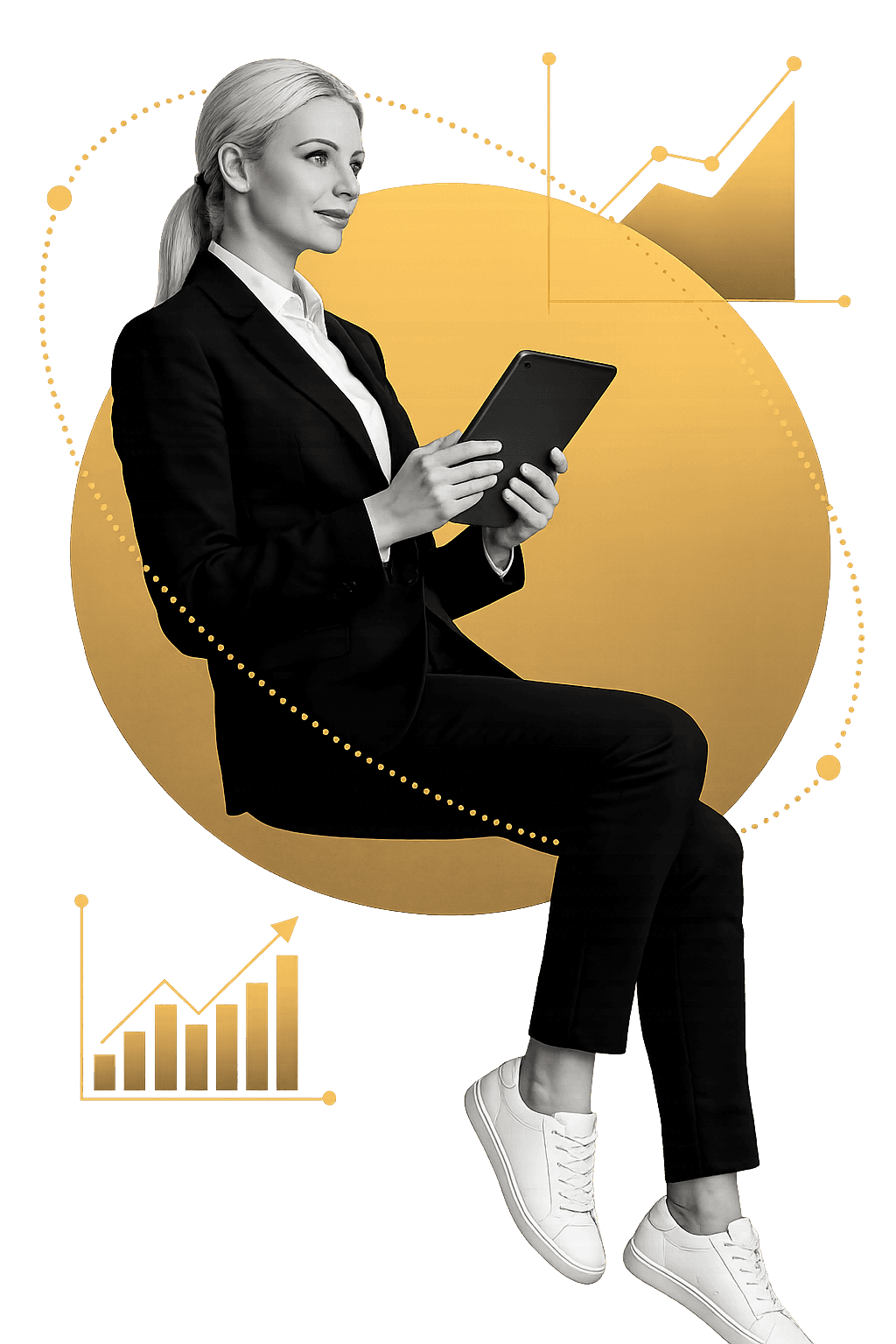 Professional woman using a tablet with business growth graphics, representing the Online Executive MBA at Lauder Business School (LBS)