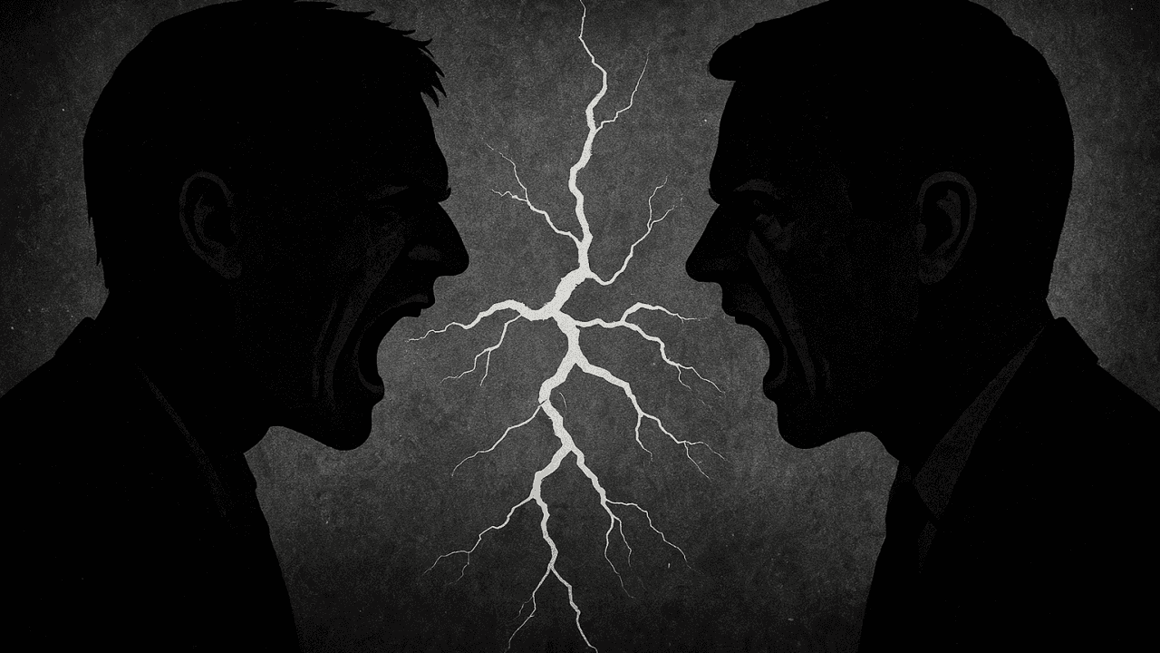 Illustration en noir et blanc de deux silhouettes qui se font face, séparées par des éclairs.
