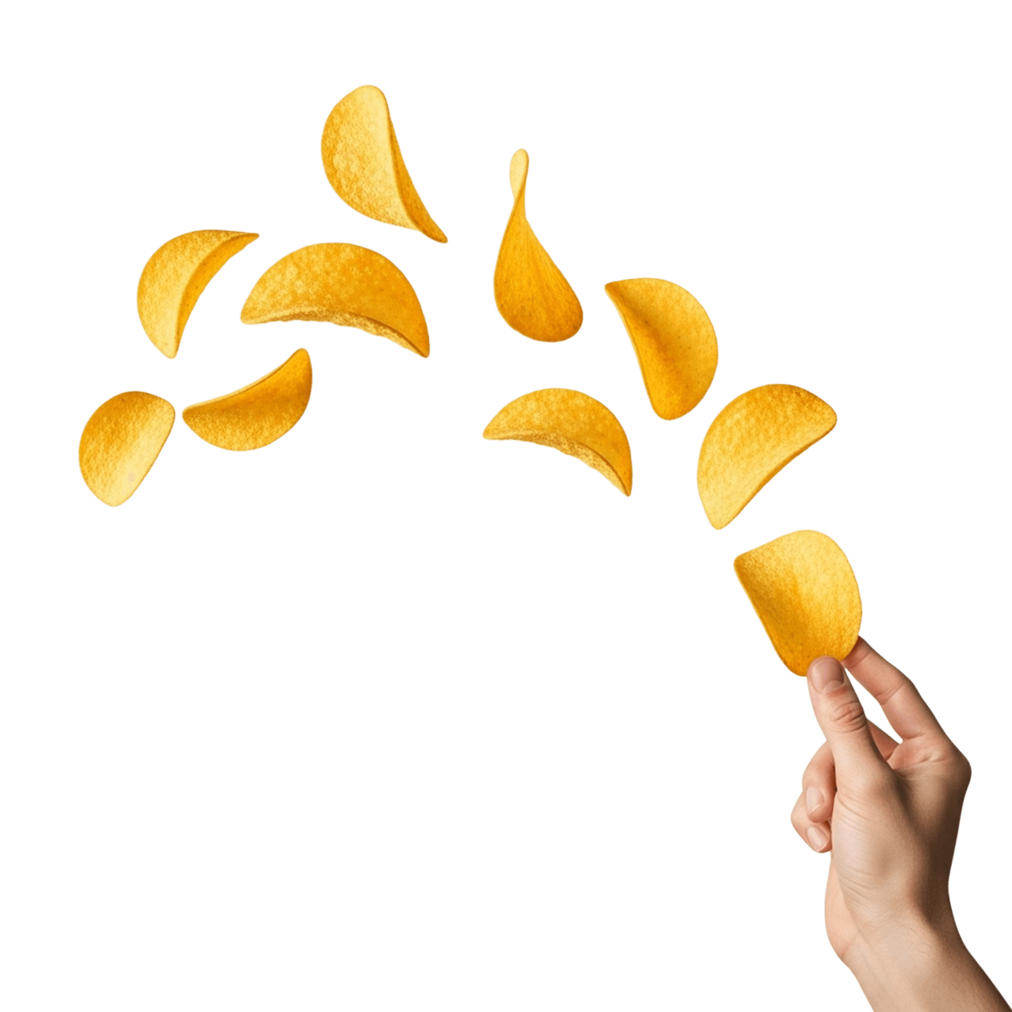 Bright orange graphic with large yellow text reading “1600+ Baqqalas,” followed by smaller text noting product exposure at airports, rail stations, and sports stadiums. On the right, a hand tosses multiple potato chips into the air in an arc.
