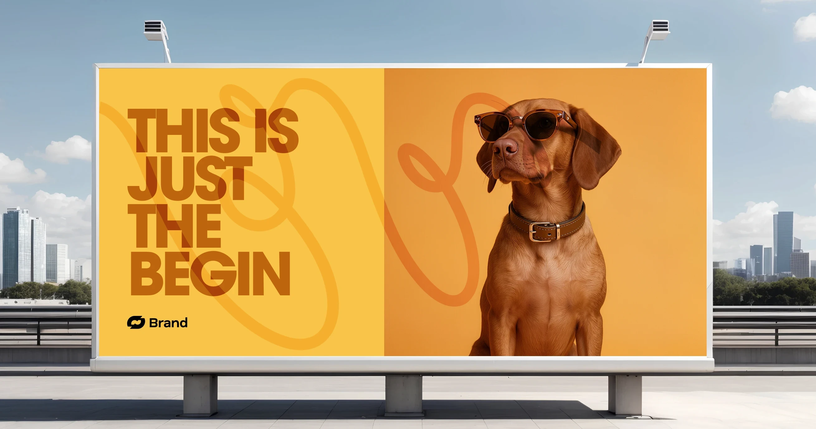 Dog with collar and sunglasses on a billboard; vibrant, orange background.