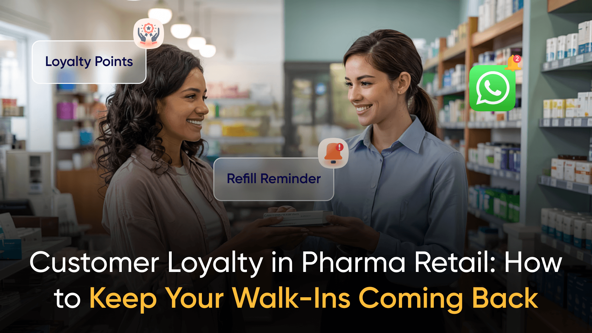 Pharmacy staff assisting customer with loyalty points and refill reminder features