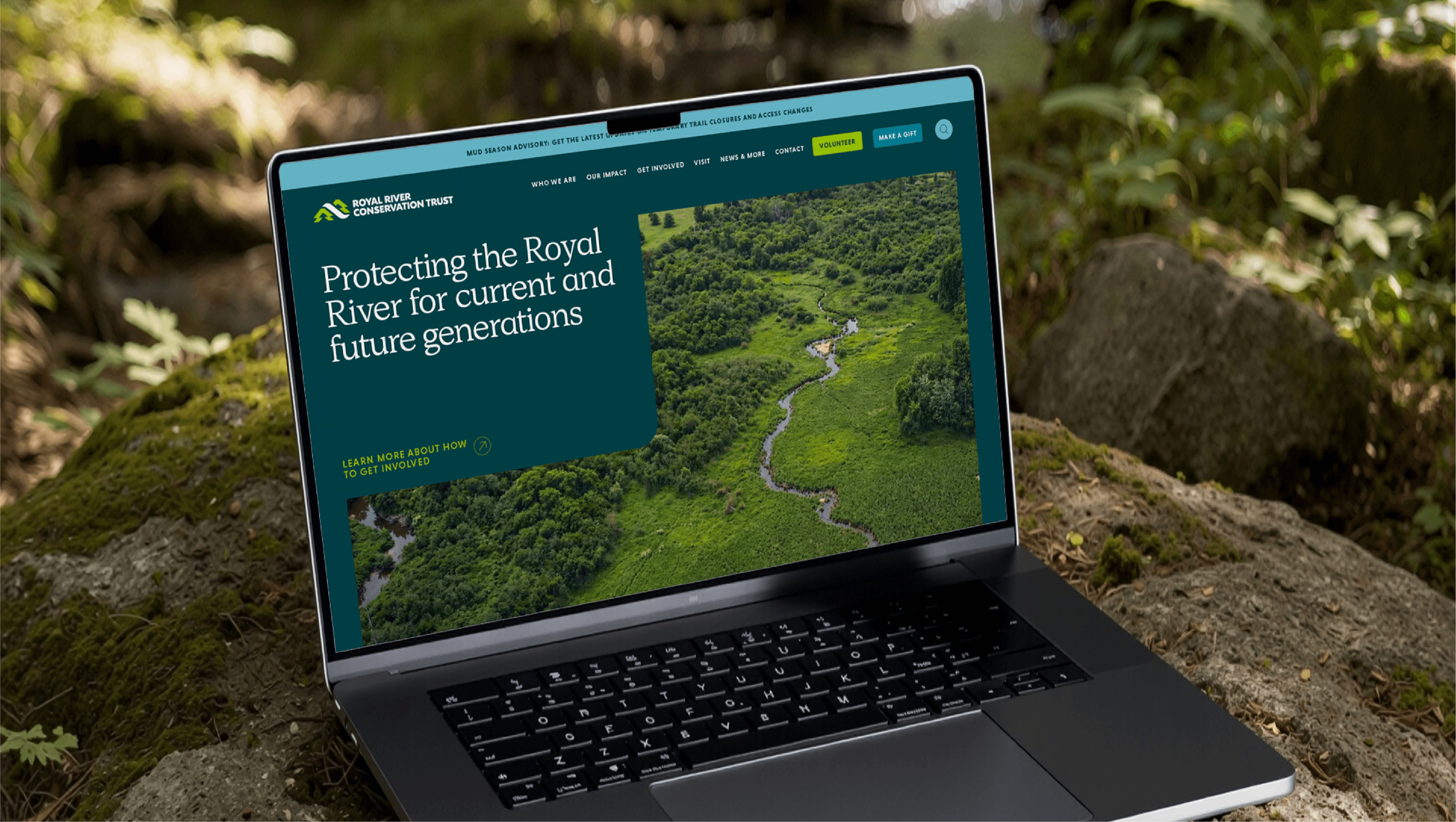 Royal River Conservation Trust homepage design featuring river landscape imagery and conservation messaging