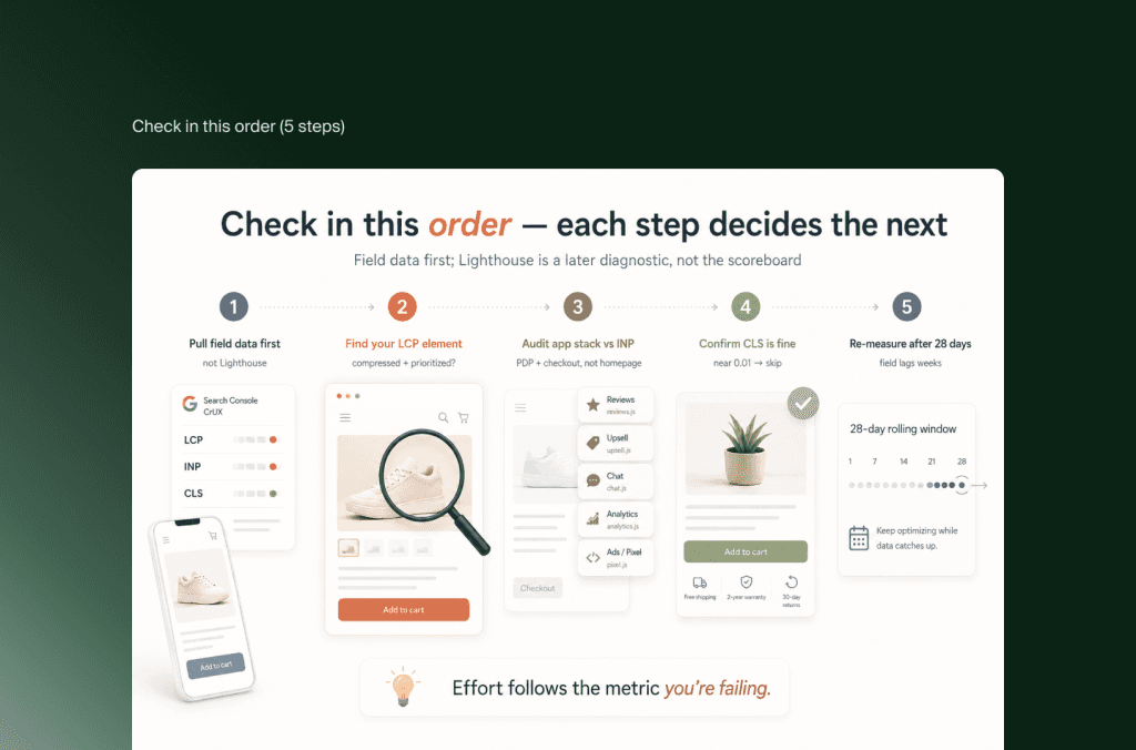 Core-Web-Vitals-Check in fünf Schritten für Shopify: Felddaten, LCP-Element, Apps vs. INP, CLS, nach 28 Tagen neu messen