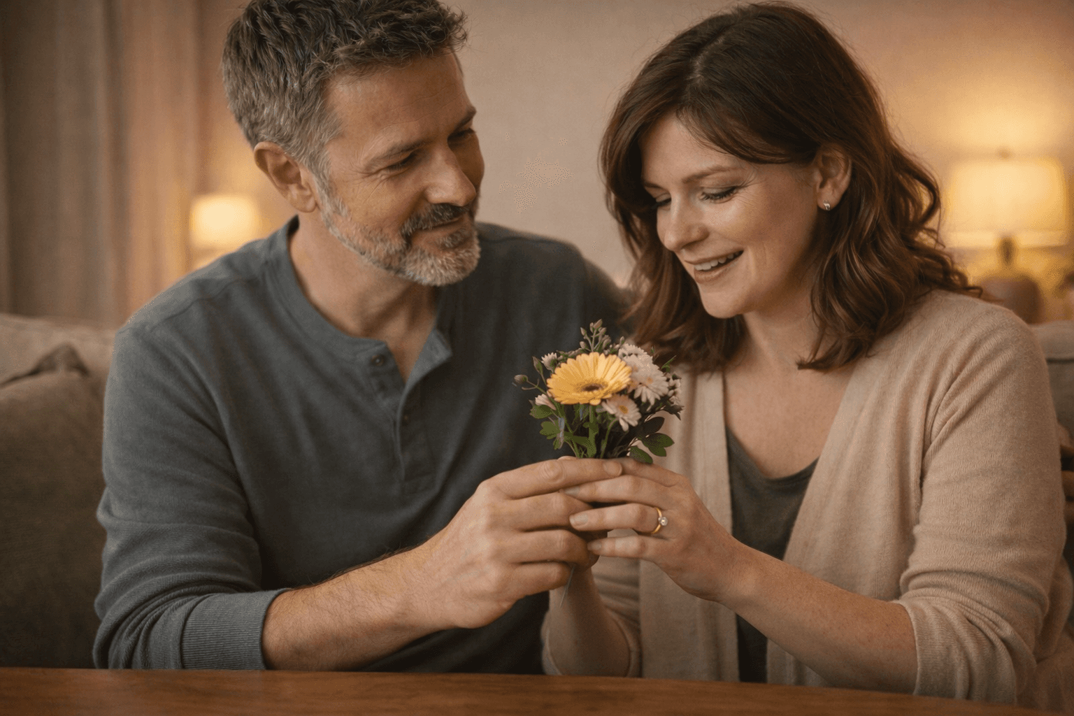 Couple sharing a warm thoughtful moment at home