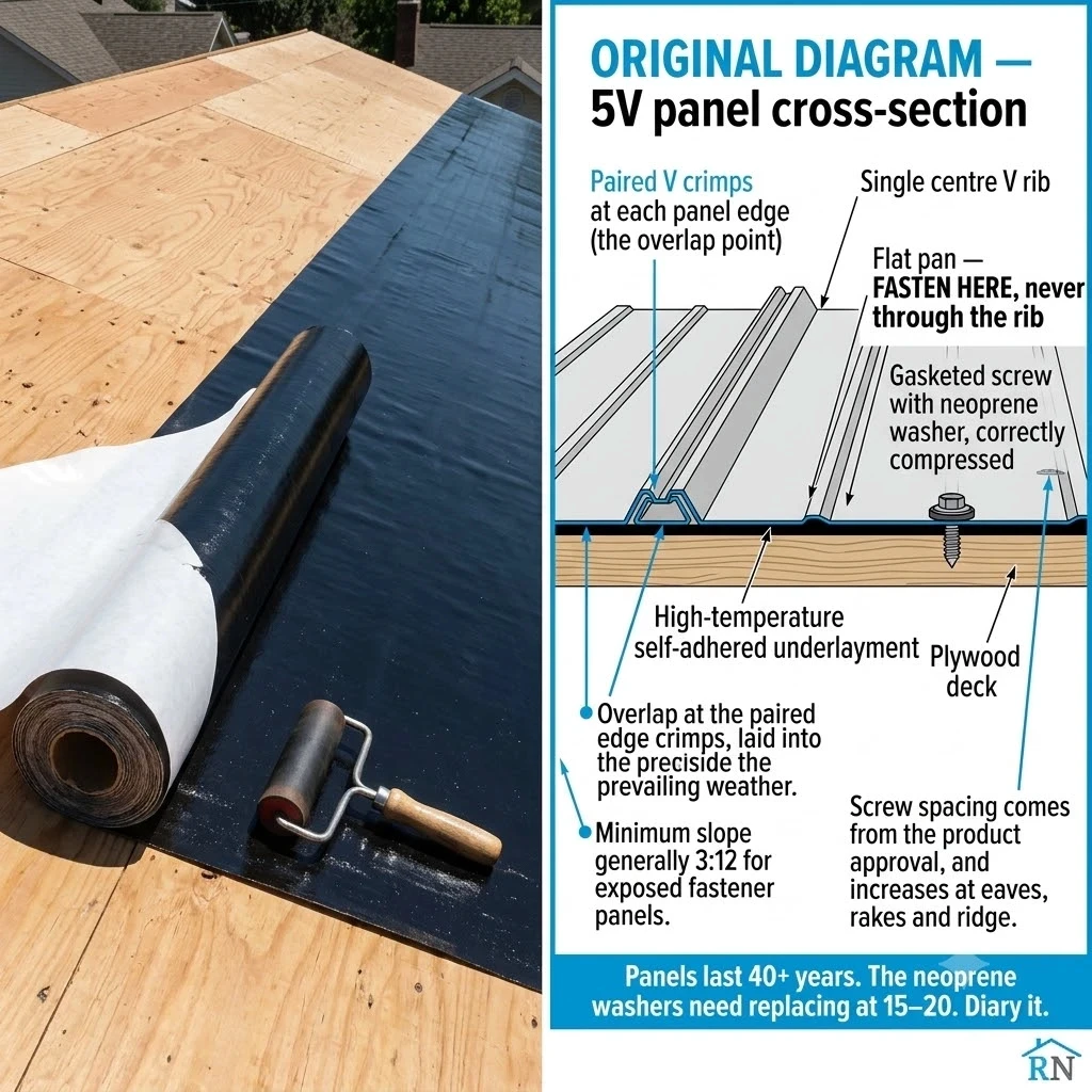 Self-adhered high temperature underlayment installed on a roof deck before 5V crimp metal panels