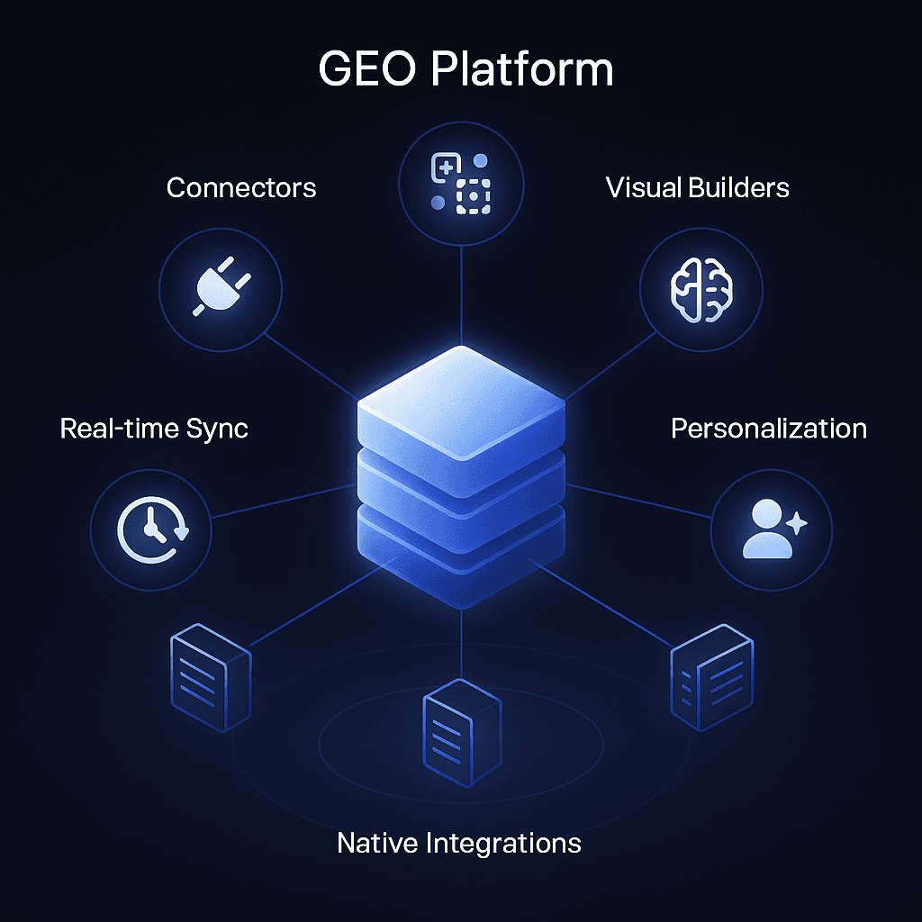 Diagram of a GEO platform node linked to five capability icons and multiple CMS blocks