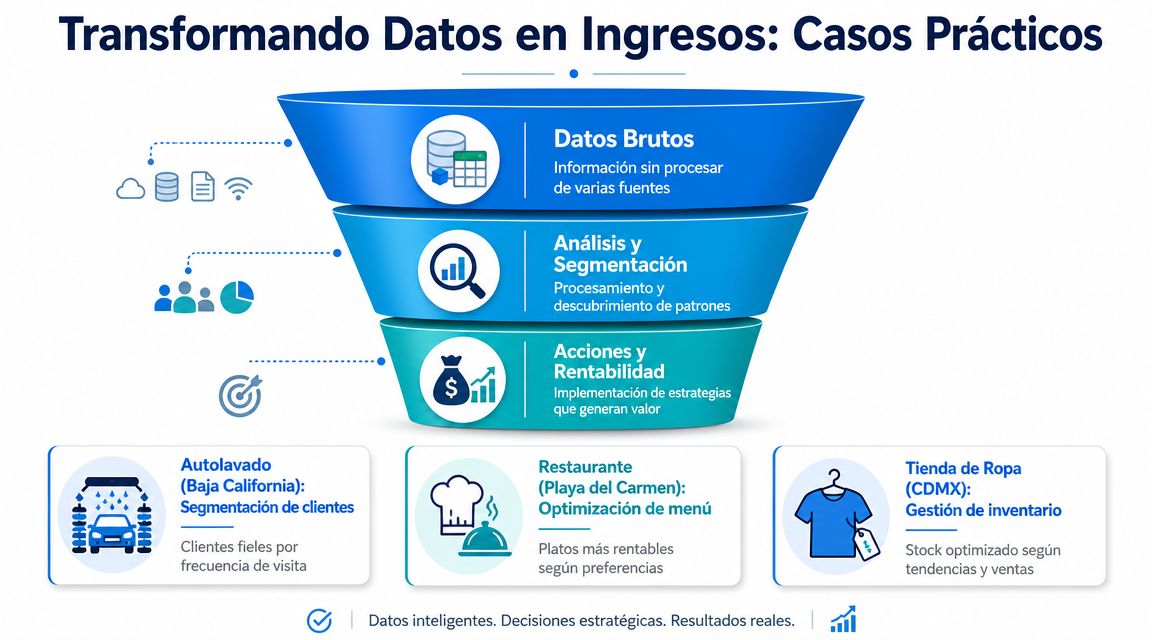 Diagrama de embudo mostrando cómo transformar datos brutos en rentabilidad y decisiones estratégicas para diversos negocios.