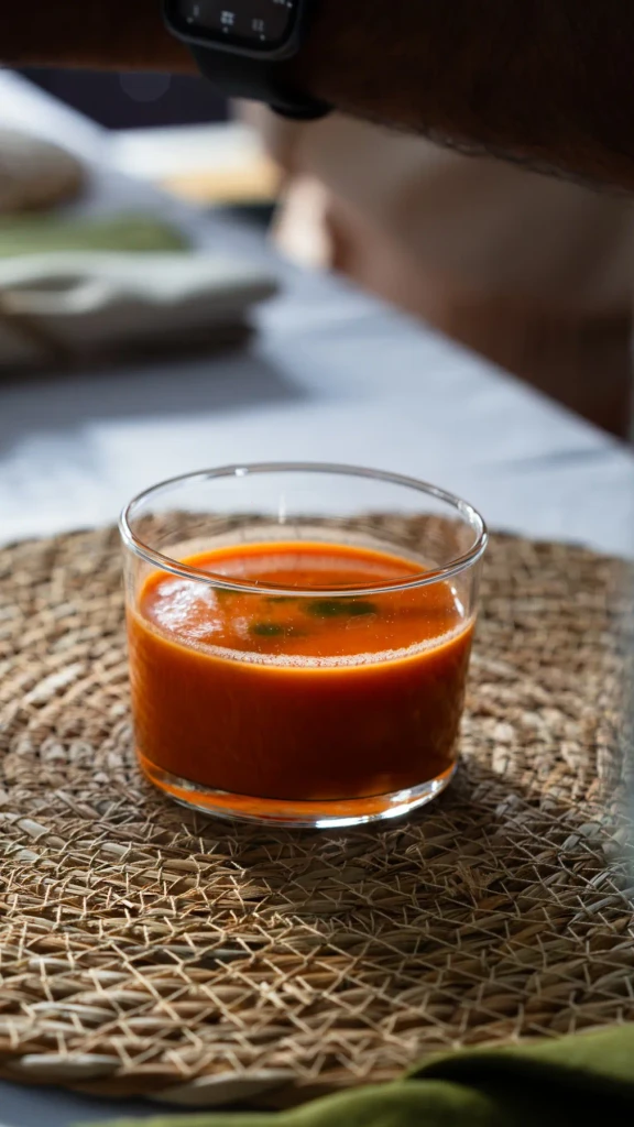 Gazpacho shot of tomato and pepper with basil oil