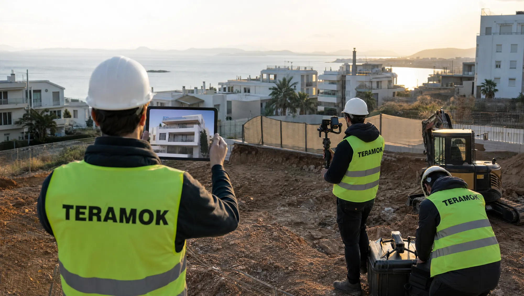 AI-generated visualization: the TERAMOK crew in lime-green vests on an unbuilt plot in the southern suburbs of Athens, one holding a tablet with an architectural render of the future building, another filming with a cinema camera, a third preparing a drone