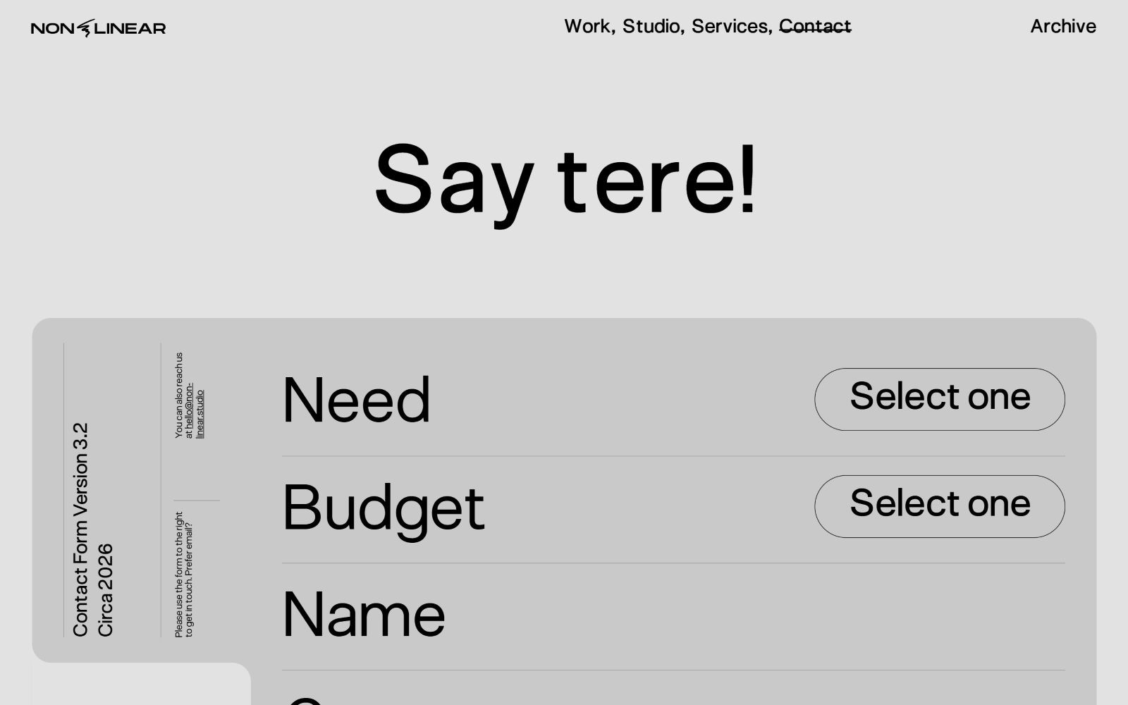 Website with "Say tere!" in bold text, need and budget dropdowns, and contact form. Dark header with "NON LINEAR" and navigation links.