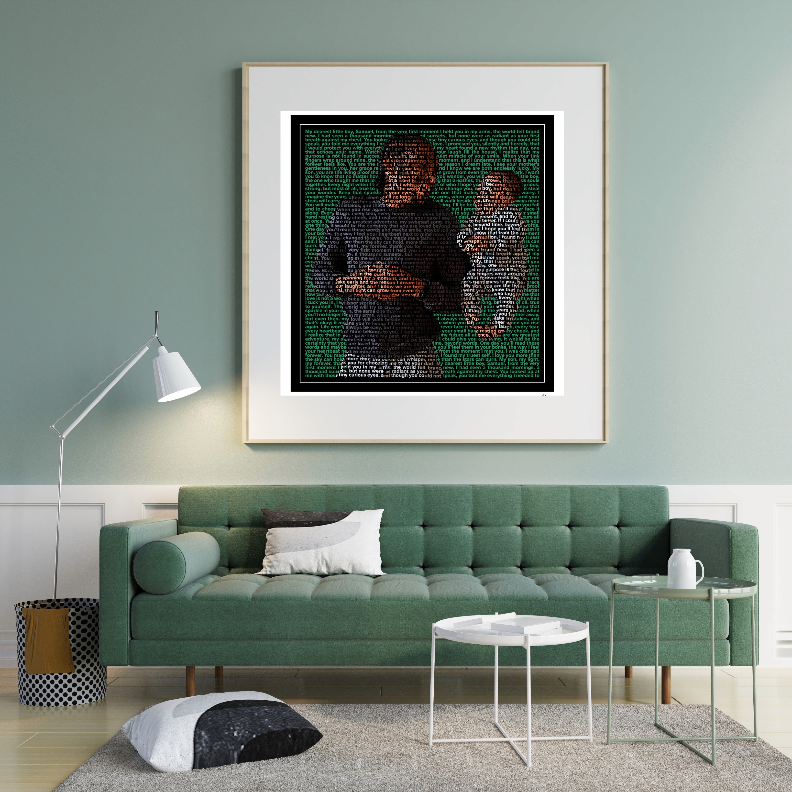 Custom text portrait of a father smiling warmly at his young son beside him, with both figures formed entirely from meaningful words and framed with a thin white line, black border, and white mat.