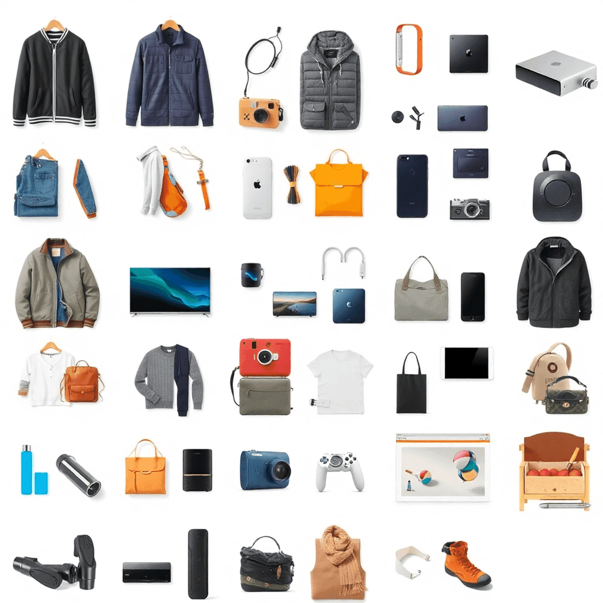 A grid display of various high-quality products, including clothing, electronics, and home goods, on a clean white background with subtle digital optimization icons.