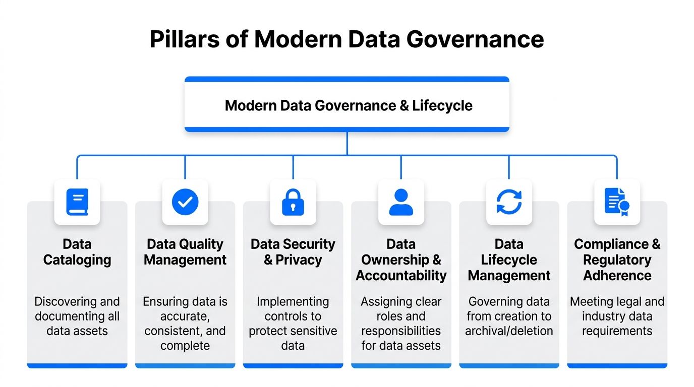 A diagram illustrating the six pillars of modern data governance and lifecycle management in business organizations.