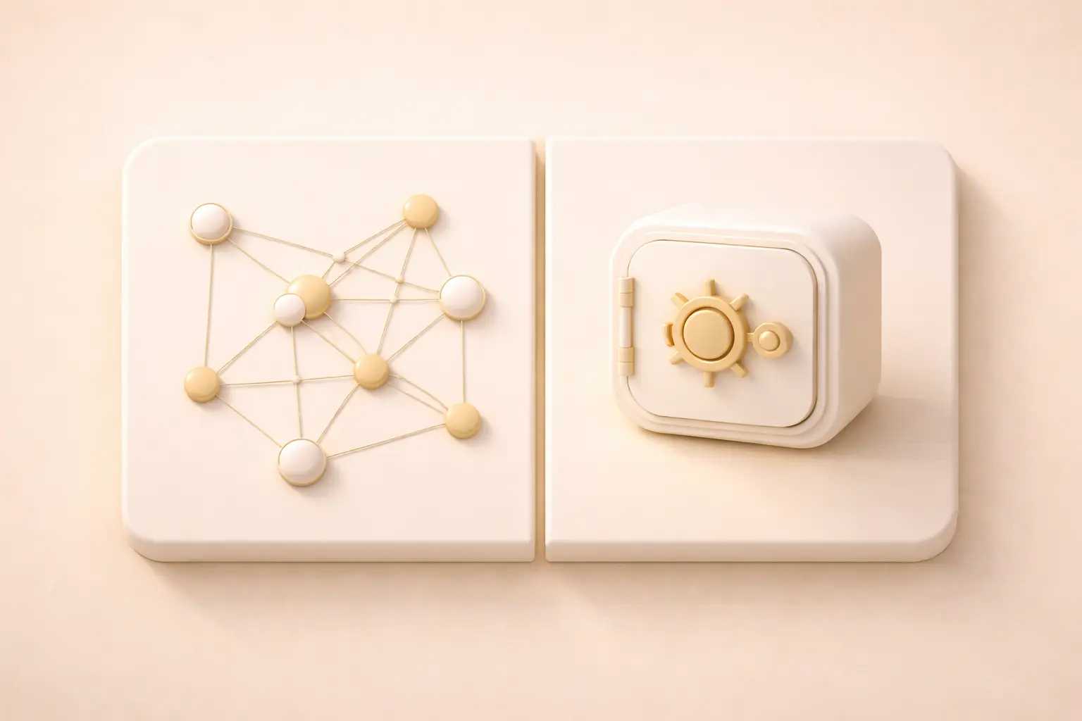 Neumorphic composition on warm cream surface, two softly raised panels side by side: left panel shows a network of small interconnected circular nodes suggesting multi-protocol routing, right panel shows a single clean geometric vault form suggesting a defined strategy, both panels in pale brass and ivory tones with consistent dual shadow depth, a thin vertical divider between them, soft ambient light from upper left, no text, no words, no typography, no labels, no numbers, no UI elements. 16:9.