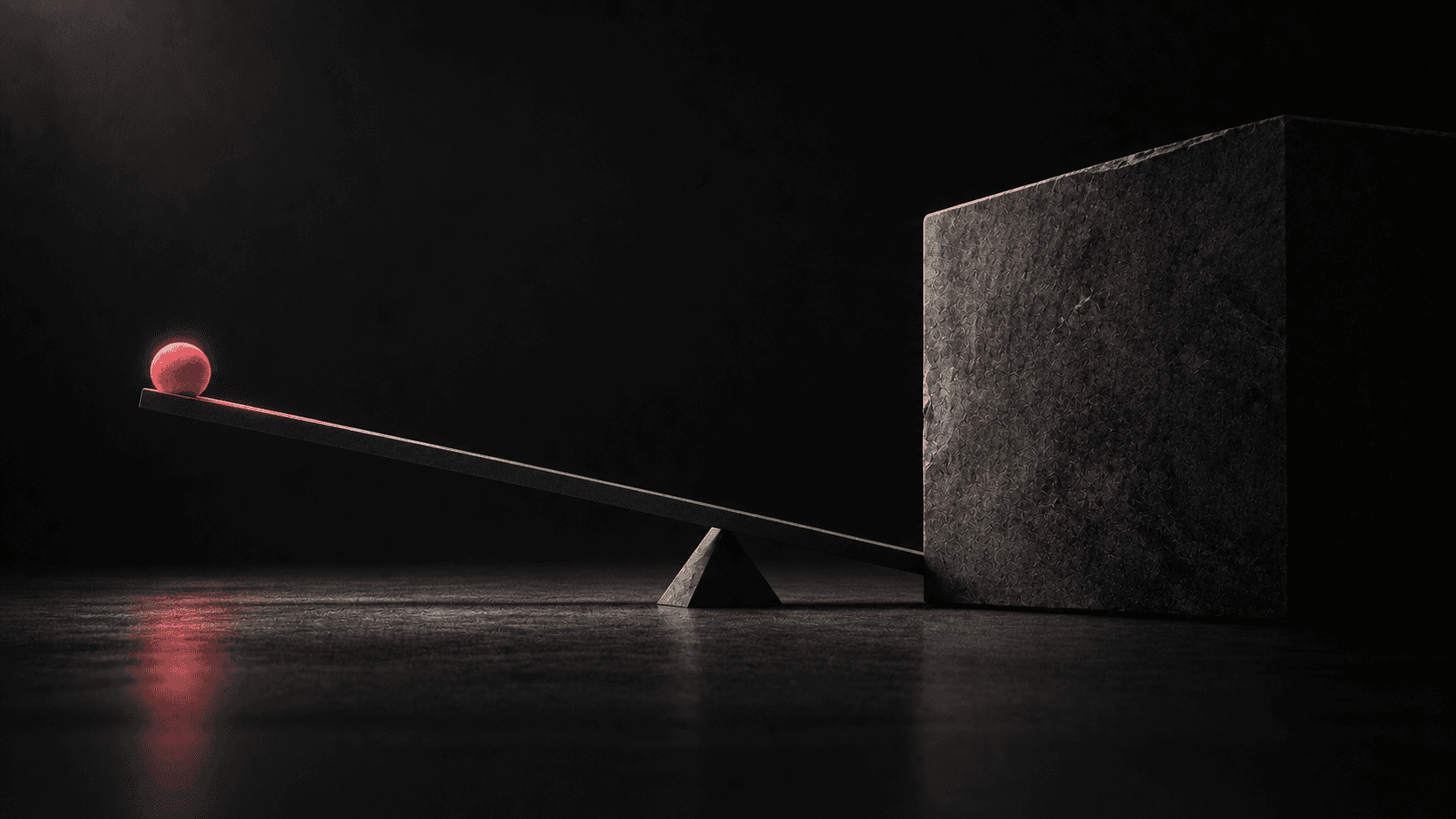 A small coral-red sphere on a long lever about to move a massive block on a dark background, representing high-impact design leverage.