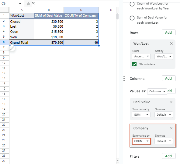 Values: Add "Company" (to count the number of deals) and set it to COUNTA.