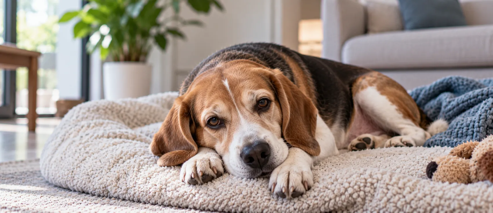A Beagle rests listlessly on a dog bed, showing the low energy common with anaemia.