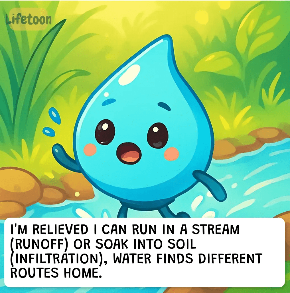 A cute cartoon water droplet character stands beside a small stream in a bright, colorful forest. The droplet looks cheerful and expressive, with big eyes and a small open mouth. A caption below explains that water can travel as runoff in streams or infiltrate into soil, taking different paths home. The Lifetoon logo appears in the top left corner.