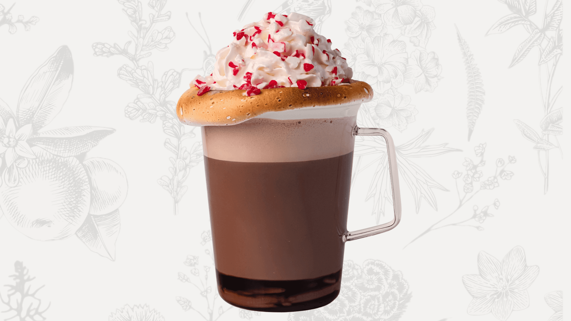 A rich hot chocolate made with peppermint syrup and chocolate ganache, topped with whipped cream and crushed candy canes.