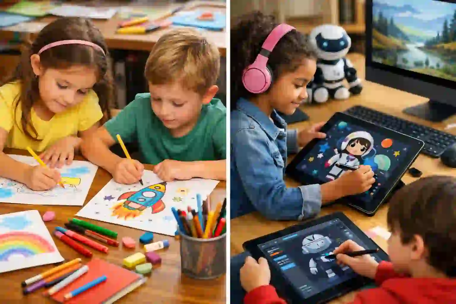 Children learning drawing, painting, and basic 3D designing skills in a creative classroom