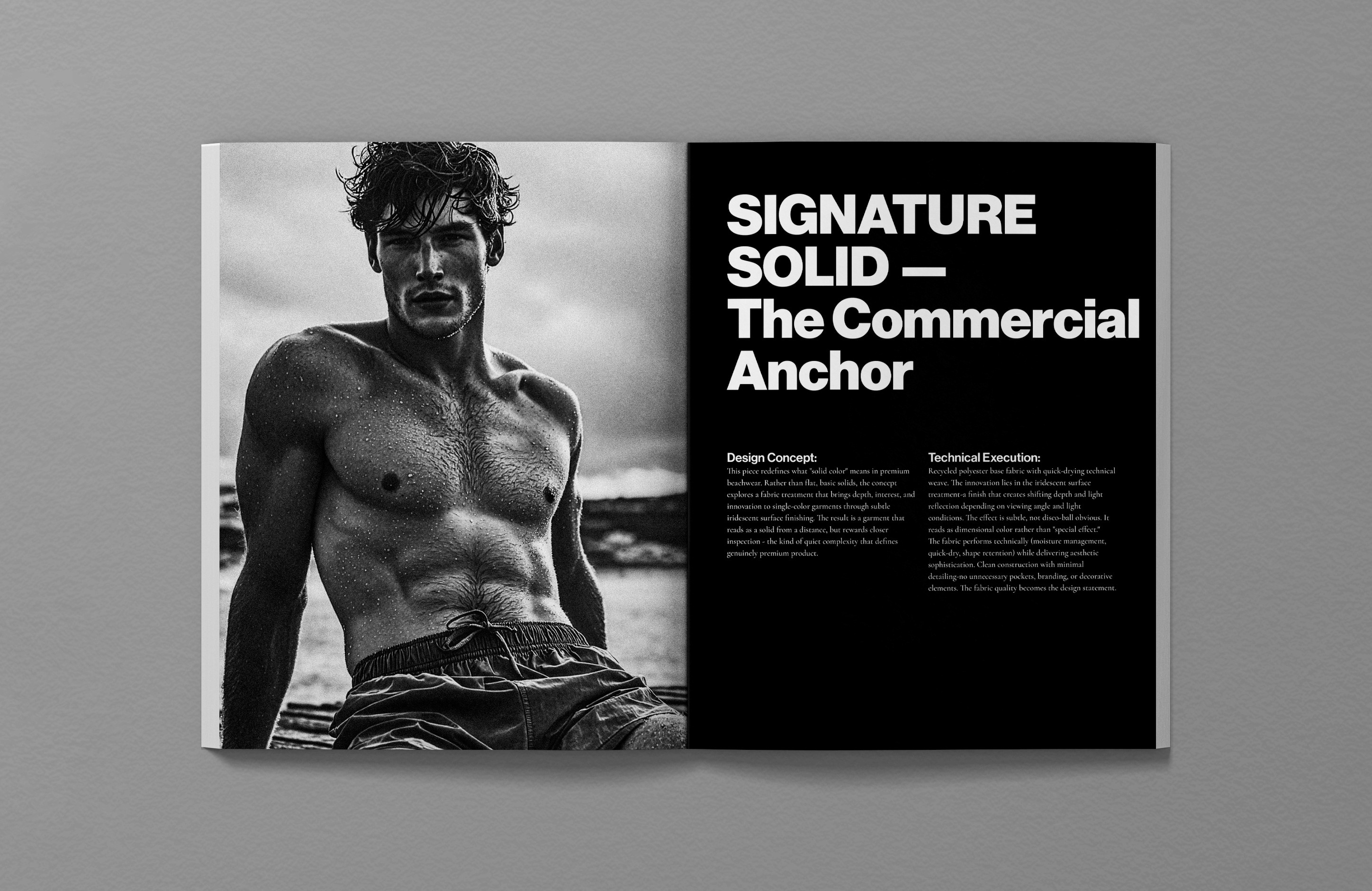 Hugo Boss SS26 editorial spread, Signature Solid swim shorts, The Commercial Anchor concept