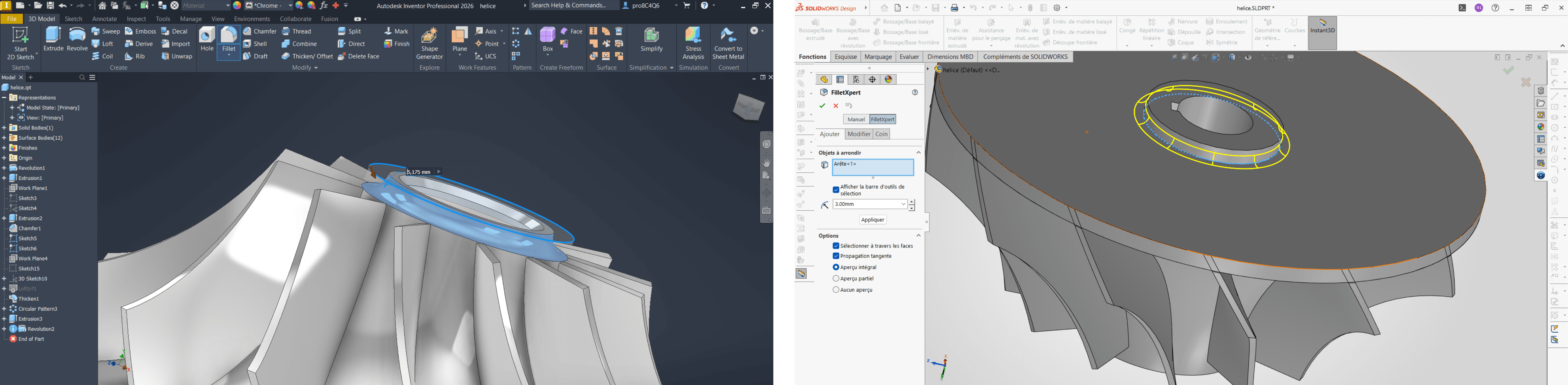 fillet creation on SolidWorks or Inventor Autodesk