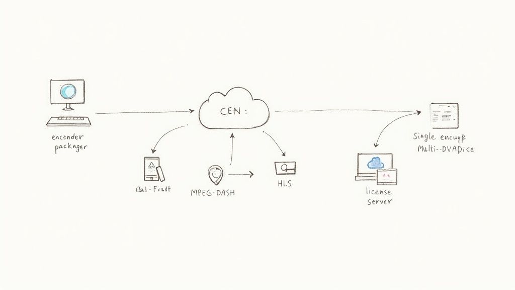 Workflow diagram showing DRM integration with streaming protocols