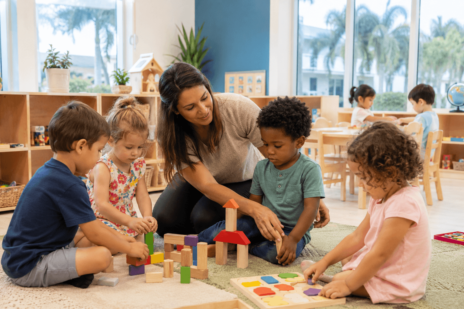  Preschool teacher guiding children during hands-on play with blocks and learning materials in a bright classroom.