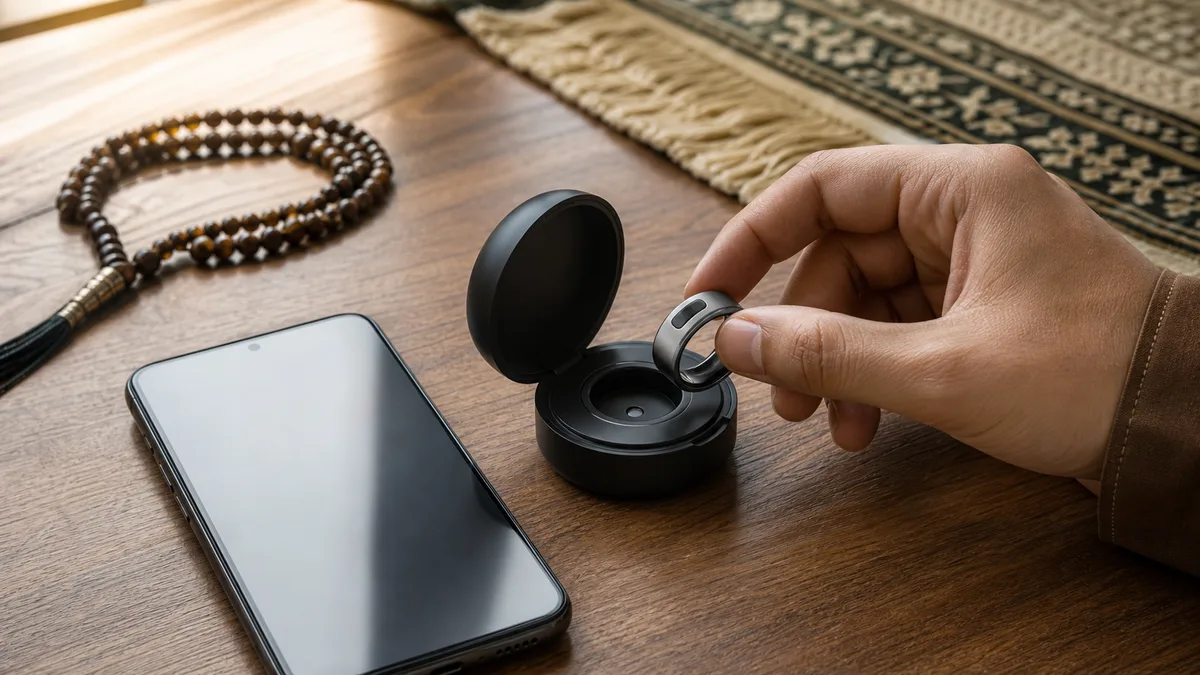 Smart dhikr ring near a blank phone and charging case during prayer reminder setup