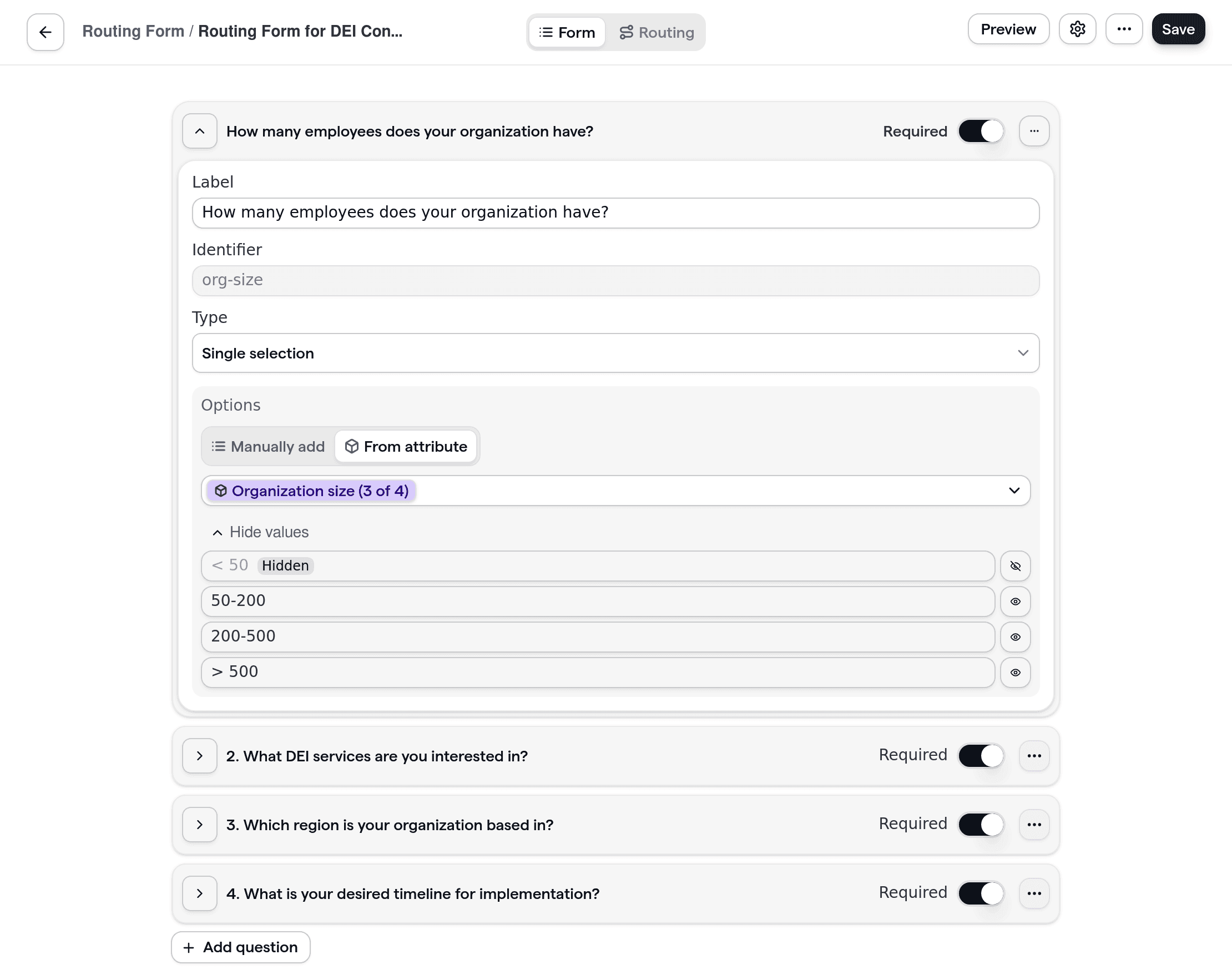 Een Cal.com-routingformulier op maat voor DEI-consultancy, met vragen over DEI-diensten, de regio van de organisatie, gewenste tijdlijn en bedrijfsgrootte.