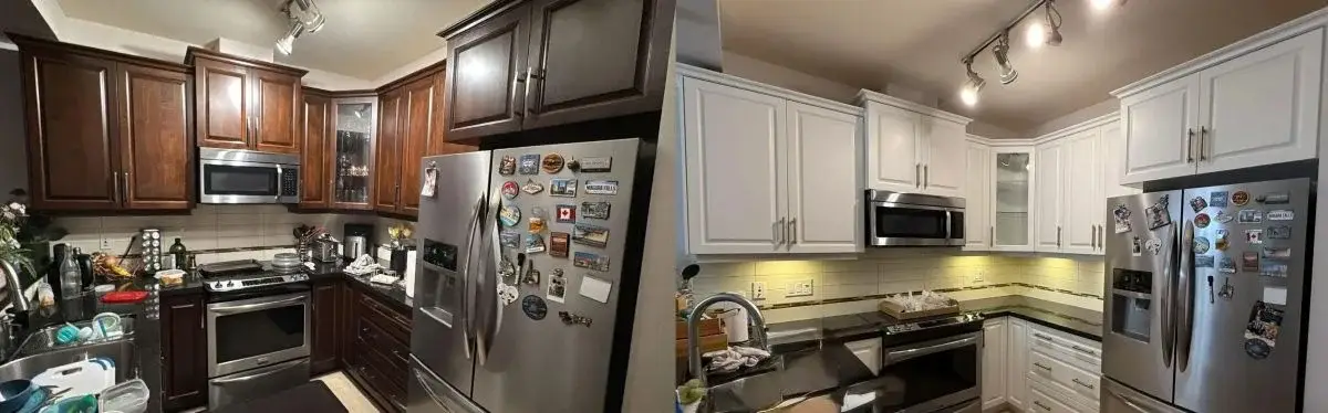 Factory-style spray painted kitchen cabinets in modern white finish by Cabinet Painting Vancouve